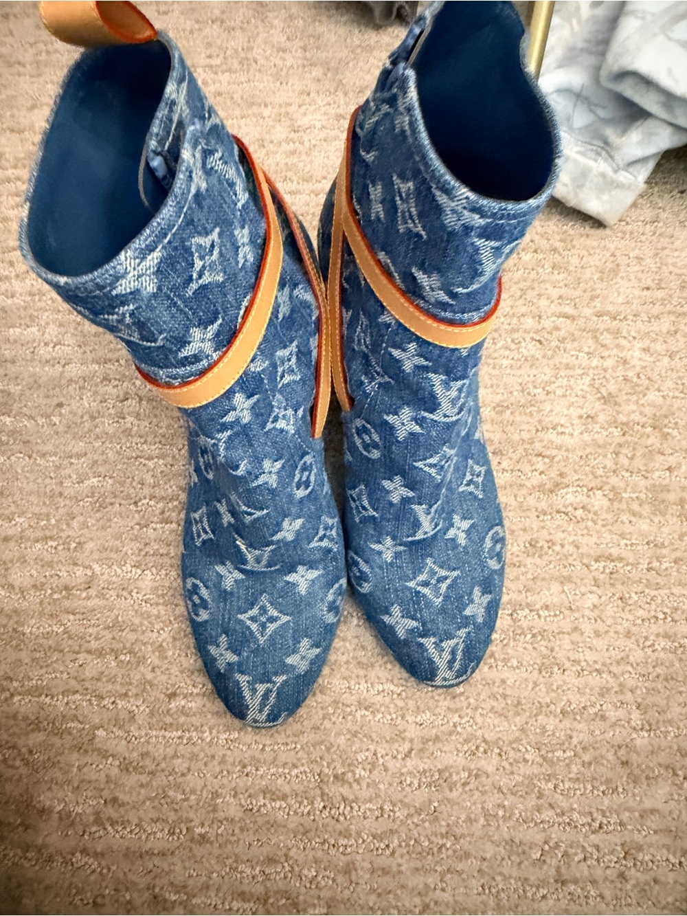 Louis Vuitton Blue Monogram Denim Heeled Ankle Boots with Tan Strap